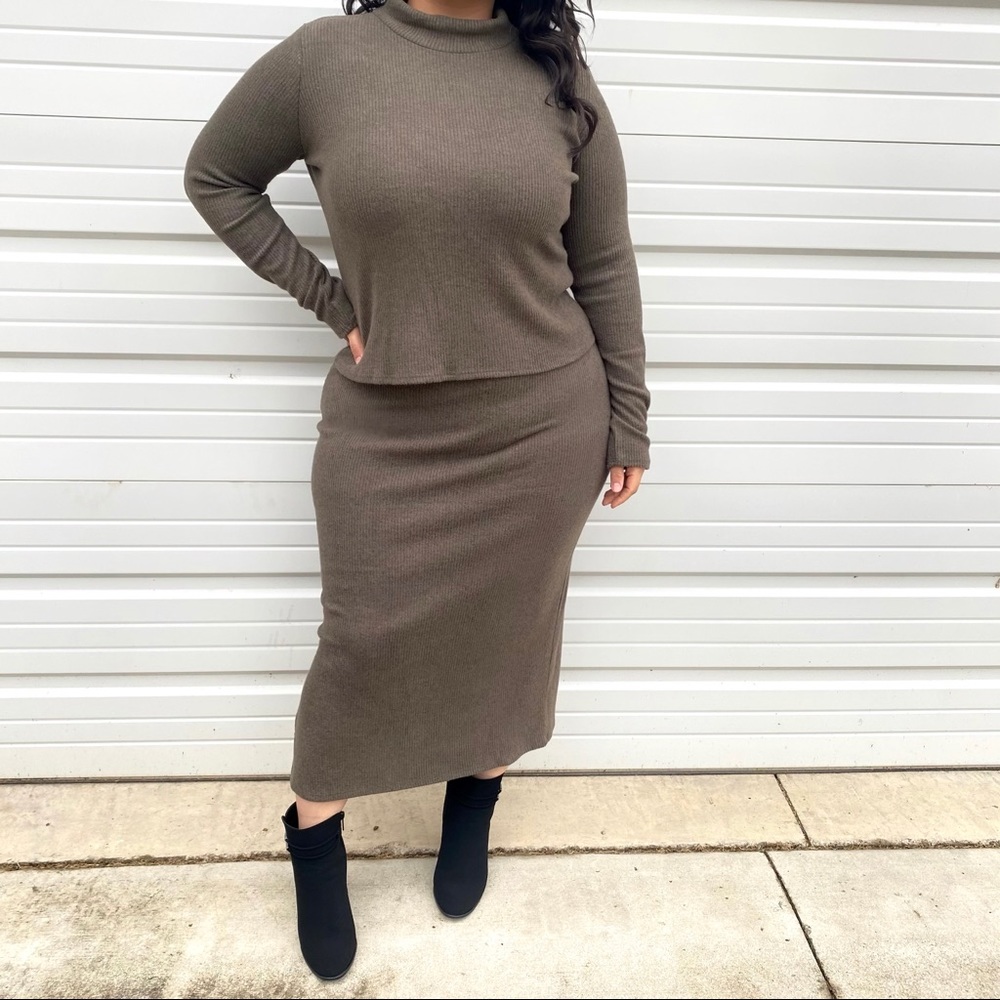 Olive skirt and long sleeve shirt set autumn fall